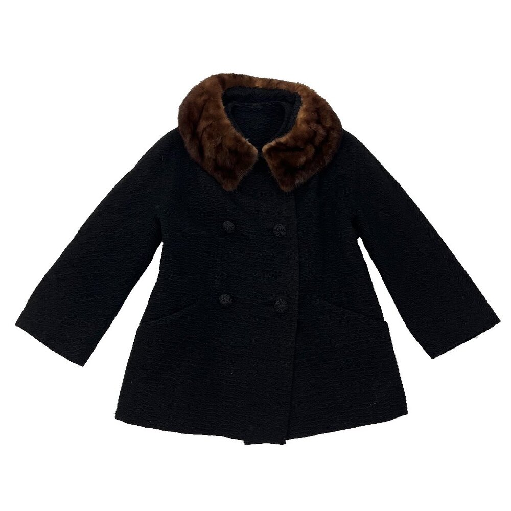 Winkelmans Mink Fur Collar Black Jacket Swing Coat Womens S M
